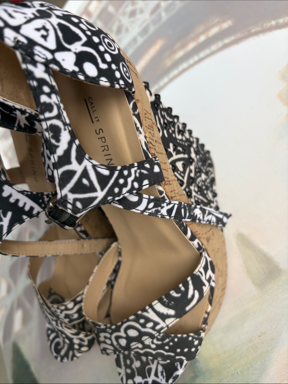Call It Spring Black & White Printed Cork Wedge Sandals